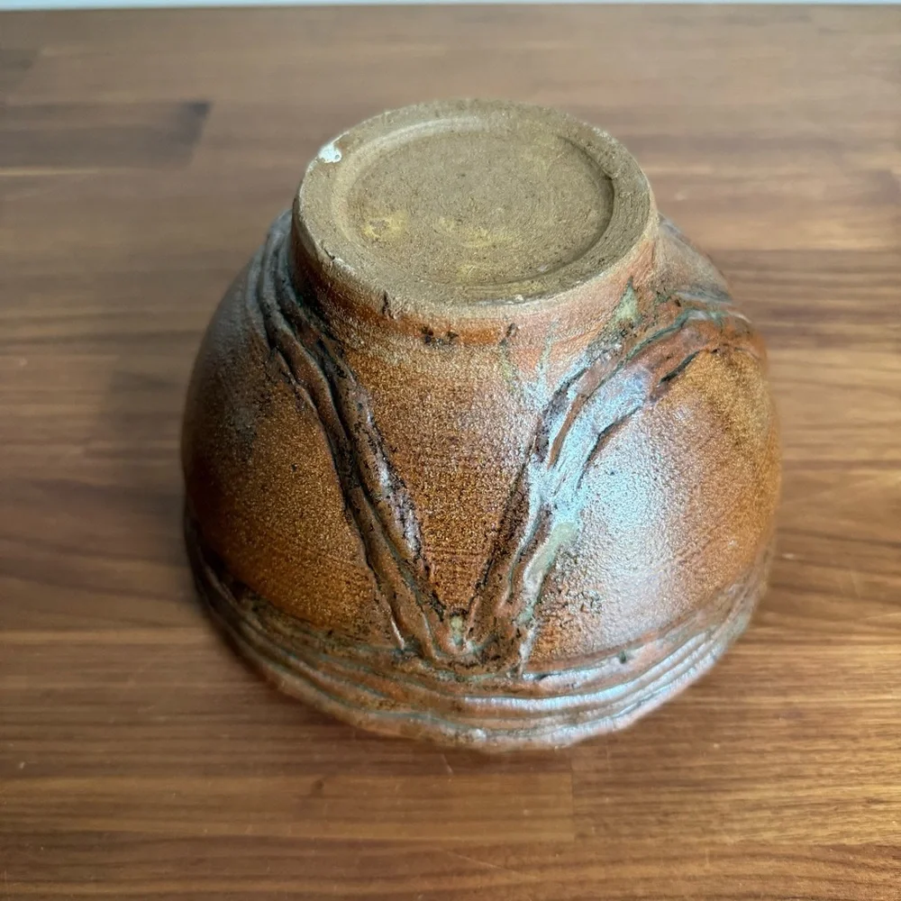 Vintage Japanese Studio Pottery Bowl Tanba Style Wabi Sabi Ribbed Stoneware